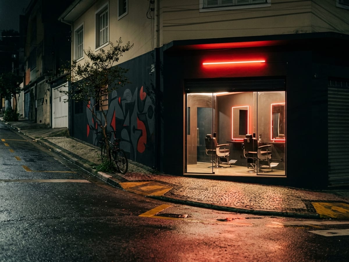 Fachada da unidade Vila Madalena à noite: sobrado de esquina com grafite discreto, vitrine iluminada e neon vermelho