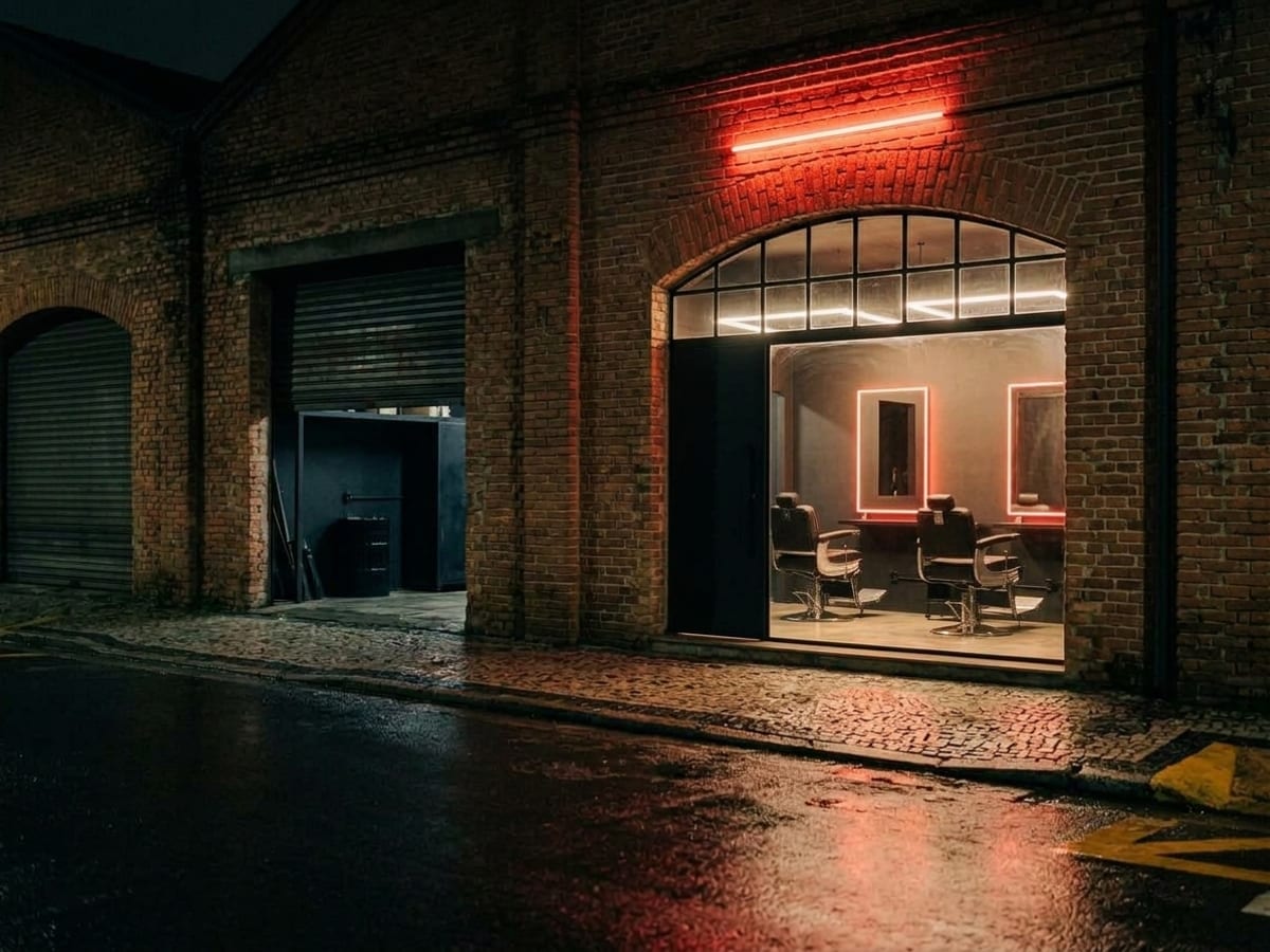 Fachada da unidade Mooca à noite: antigo galpão de tijolo aparente com vitrine acesa e neon vermelho