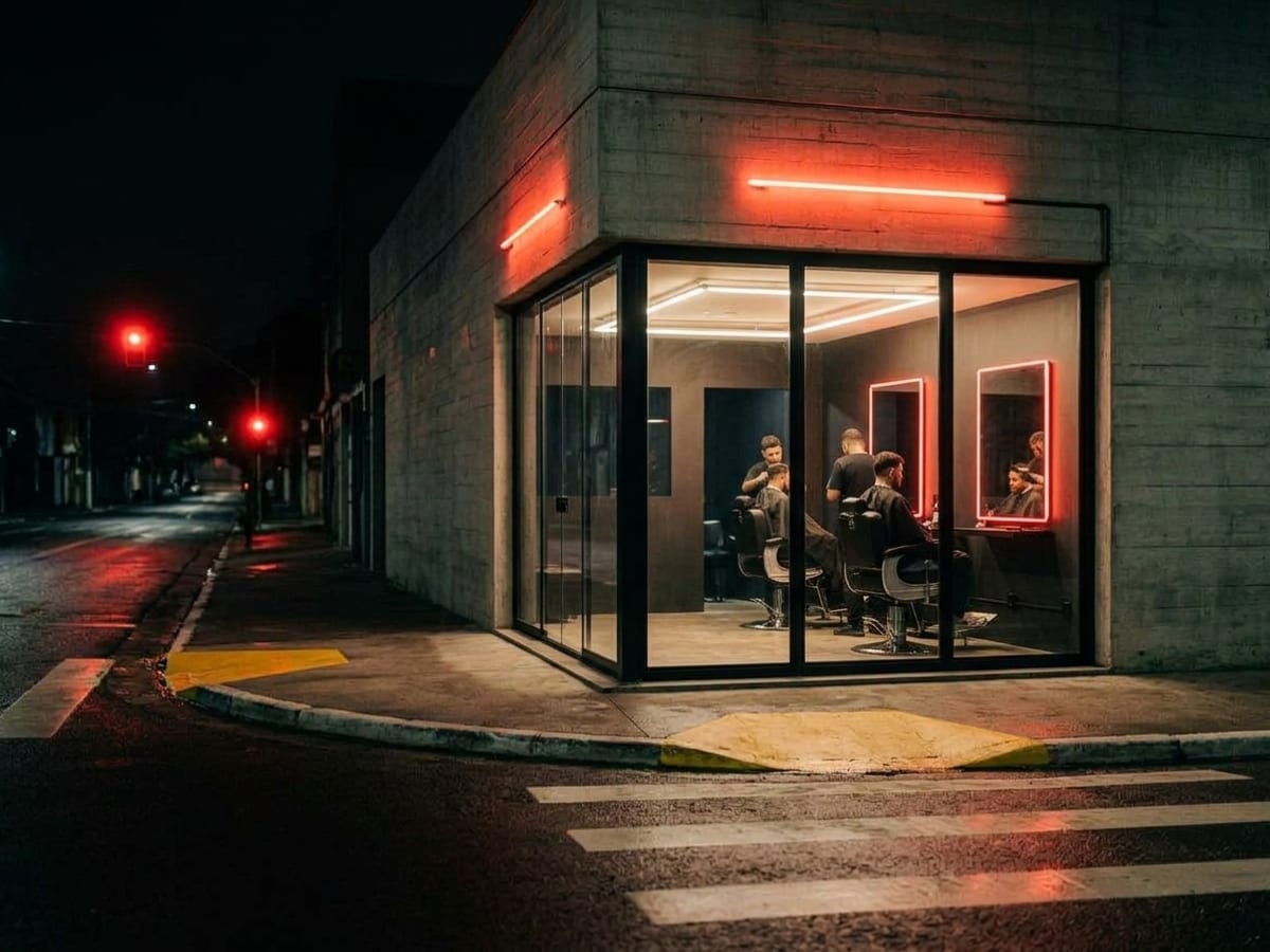 Fachada da unidade Pinheiros à noite: esquina moderna de concreto com vitrine iluminada e neon vermelho