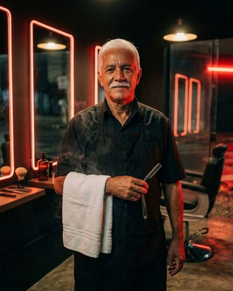 Seu Ademir Lopes, de cabelo branco penteado para trás e bigode branco aparado, com avental de lona preta