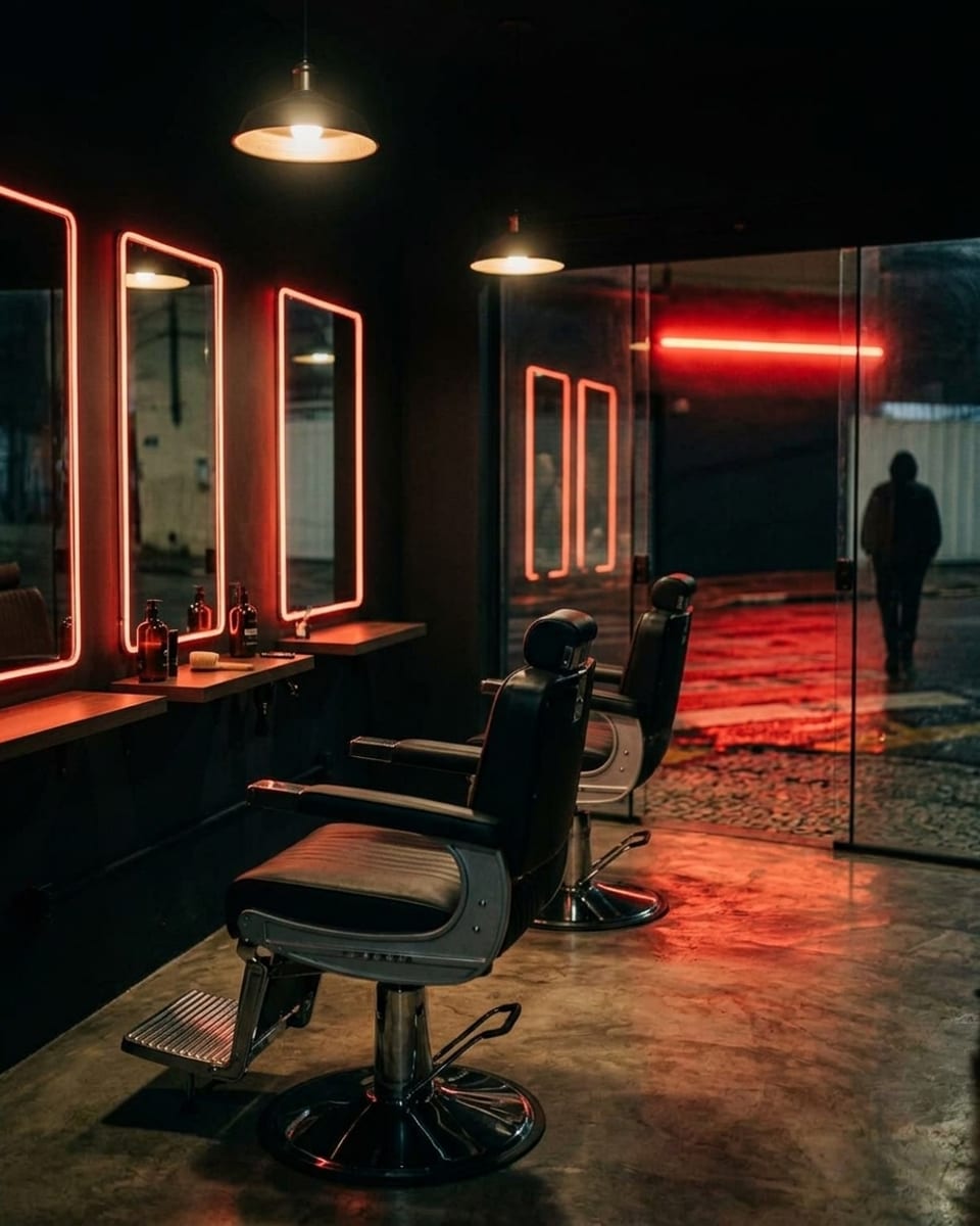 Interior da Rua 9 à noite: cadeiras de couro preto e cromo, espelhos com fita de LED vermelha e piso de cimento queimado