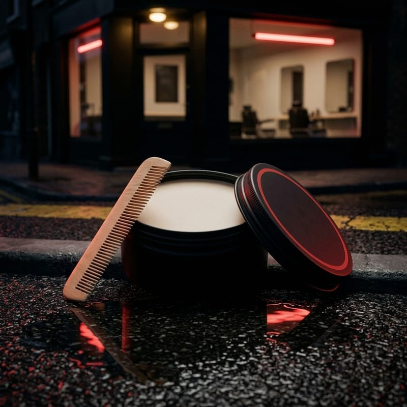 Lata de Balm Meio-fio sobre superfície escura com reflexo vermelho