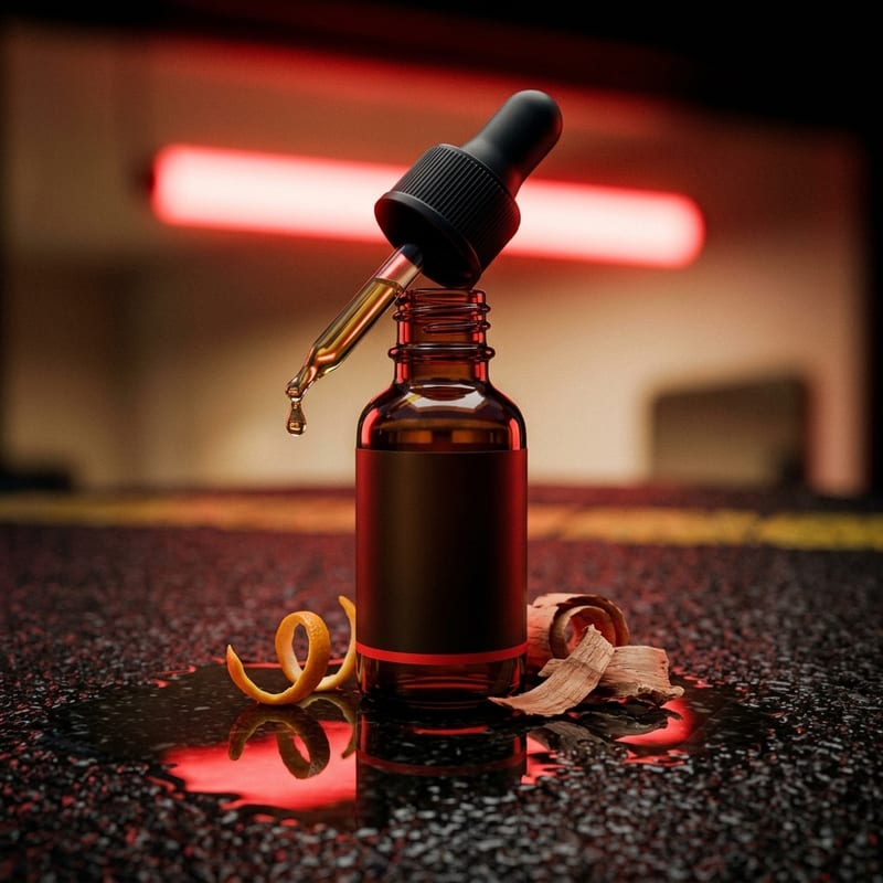Frasco conta-gotas de Óleo Farol sobre superfície escura com reflexo vermelho