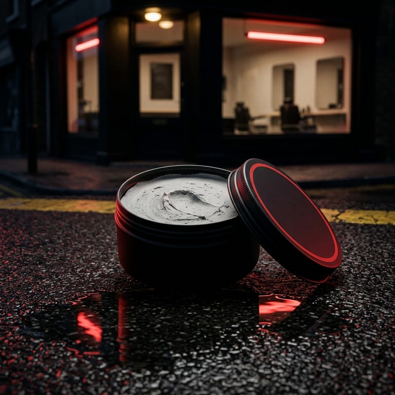 Pote de Pomada Asfalto sobre superfície escura com reflexo vermelho