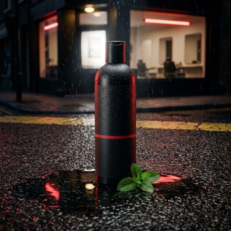Frasco de Shampoo Garoa sobre superfície escura com reflexo vermelho